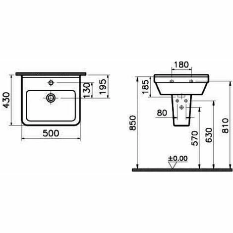 Vitra S50 Square Basin and Small Semi Pedestal 500mm Wide 1 Tap Hole Vitra S50 Square Basin And Small Semi Pedestal 500mm Wide 1 Tap Hole -VITRA SHOP 17509673 2