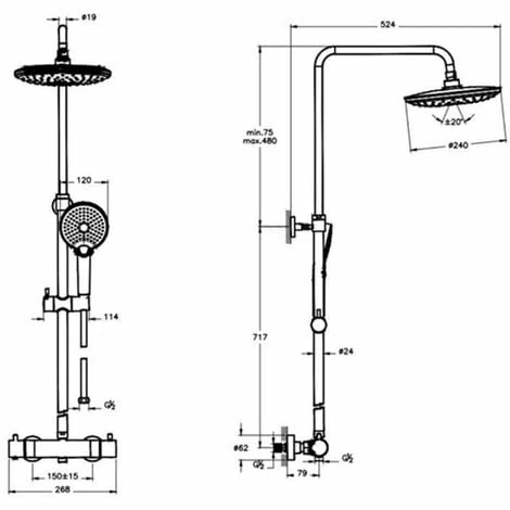 Vitra Aquaheat Bliss 240 Thermostatic Bar Mixer Shower with Shower Kit + Fixed Head - Black Vitra Aquaheat Bliss 240 Thermostatic Bar Mixer Shower With Shower Kit + Fixed Head - Black -VITRA SHOP 36045785 2