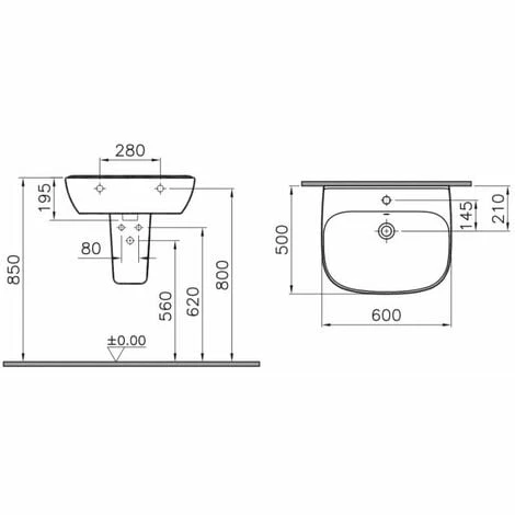 Vitra Zentrum Basin with Semi Pedestal 600mm Wide - 1 Tap Hole Vitra Zentrum Basin With Semi Pedestal 600mm Wide - 1 Tap Hole -VITRA SHOP 40747545 2
