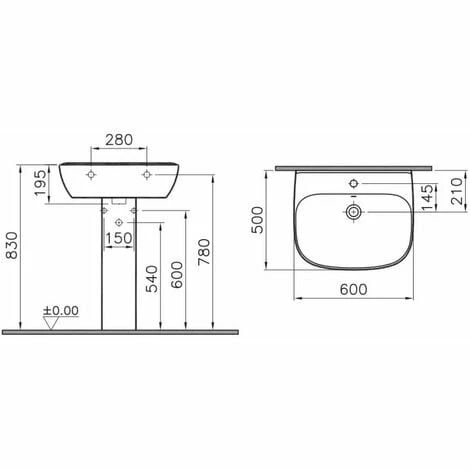 Vitra Zentrum Basin with Full Pedestal 600mm Wide - 1 Tap Hole Vitra Zentrum Basin With Full Pedestal 600mm Wide - 1 Tap Hole -VITRA SHOP 42225394 2