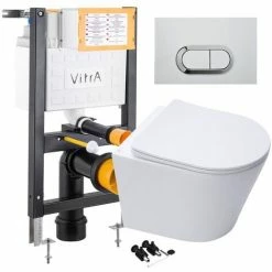 Rimless ECO Wall Hung Toilet & VITRA Low Height Concealed WC Cistern Frame - Gloss Chrome Plate